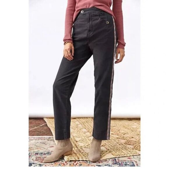 Anthropologie Embroidered Side Stripe Black ankle pants Size 8‎ boho high rise - Picture 1 of 12